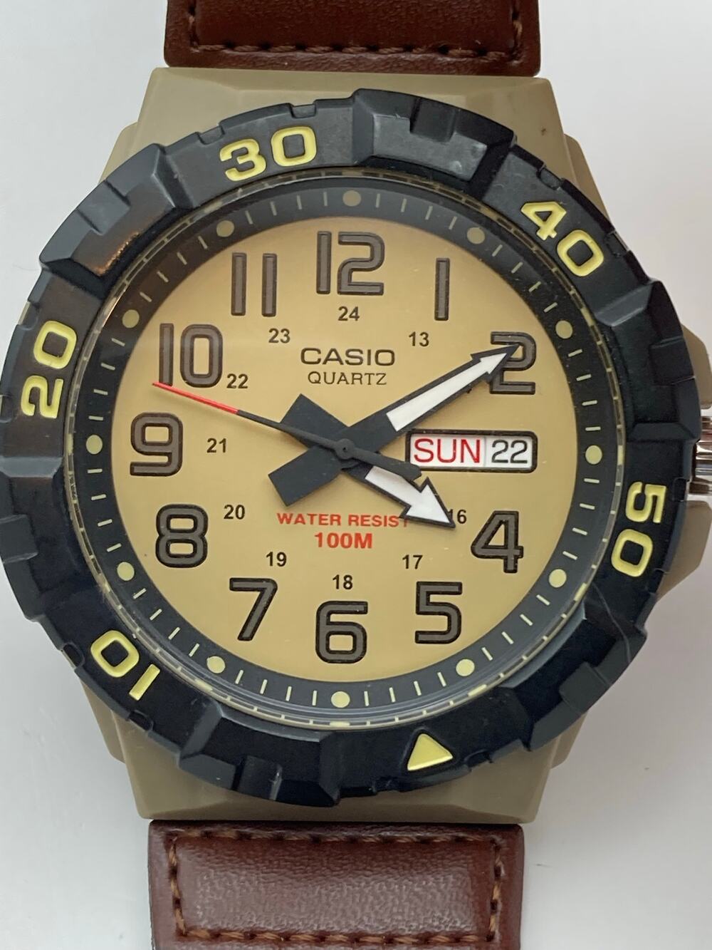 Casio Men's Large Dial Khaki Watch 50m - New Battery - Day Date Adjustable Strap